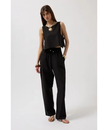 Beli Bağcıklı Düz Kesim Pantolon