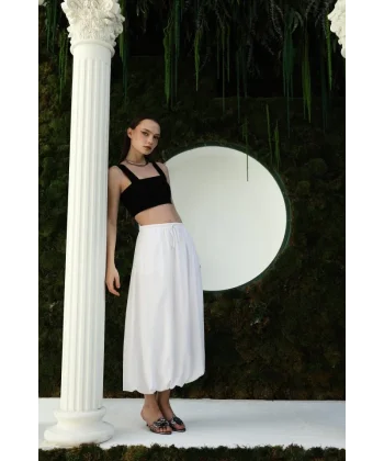 Beli Bağlamalı Balon Etek  Beyaz