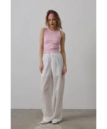 Beli Bağlamalı Brode Pantolon - Beyaz