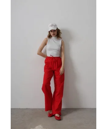 Beli Bağlamalı Brode Pantolon - Kırmızı