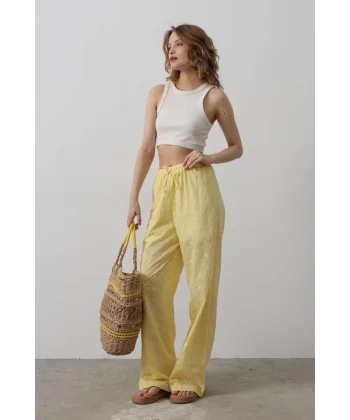 Beli Bağlamalı Brode Pantolon - Sarı