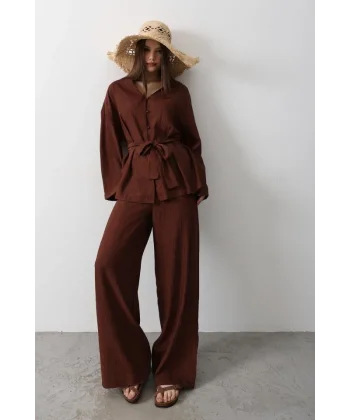 Beli Bağlamalı Tunik Ve Beli Bağlamalı Pantolon Takım - Kahve