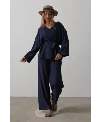 Beli Bağlamalı Tunik Ve Beli Bağlamalı Pantolon Takım - Lacivert