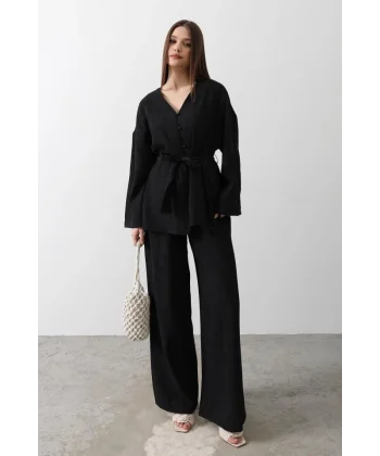 Beli Bağlamalı Tunik Ve Beli Bağlamalı Pantolon Takım - Siyah
