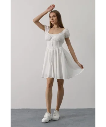 Beli Korseli Mini Elbise - Beyaz