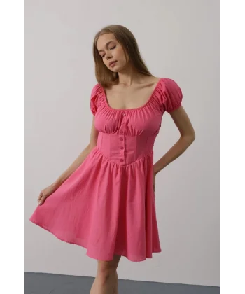 Beli Korseli Mini Elbise - Fuşya