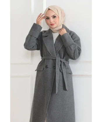Beli Kuşaklı Yünlü Dokuma Kaşmir Kaban - Gri