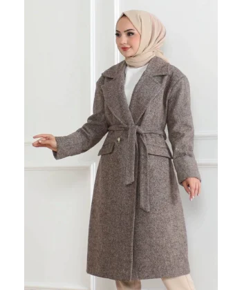 Beli Kuşaklı Yünlü Dokuma Kaşmir Kaban - Vizon