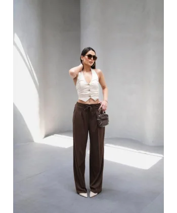 Beli̇ Lasti̇k Ve Bağcikli Geni̇ş Paça Pantolon