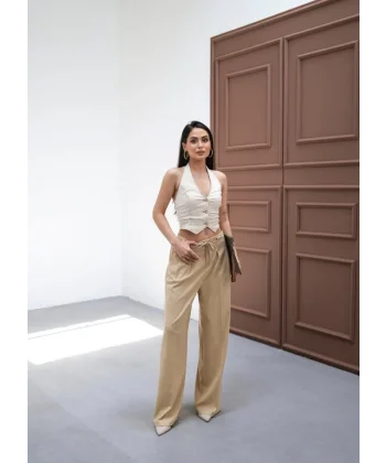 Beli̇ Lasti̇k Ve Bağcikli Geni̇ş Paça Pantolon