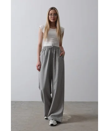 Beli Lastikli Bol Paça Pantolon - Gri