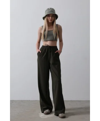 Beli Lastikli Bol Paça Pantolon - Haki