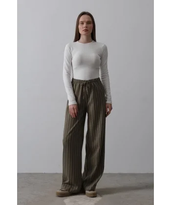 Beli Lastikli Bol Paça Pantolon - Haki-Beyaz