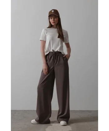 Beli Lastikli Bol Paça Pantolon - Kahve