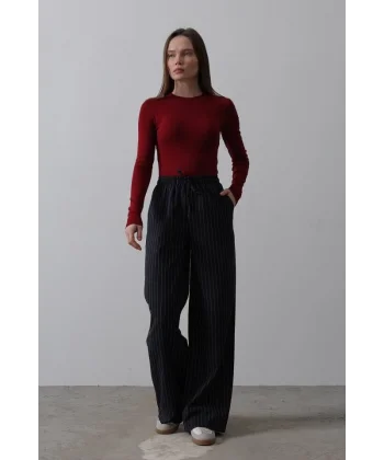 Beli Lastikli Bol Paça Pantolon - Lacivert-Beyaz