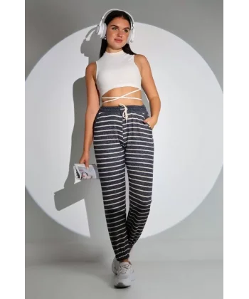 Beli Lastikli Çizgili Eşofman Alt - Siyah