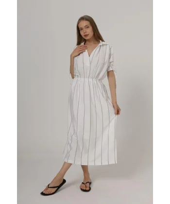 Beli Lastikli Elbise - Beyaz