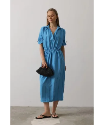 Beli Lastikli Elbise - Mavi