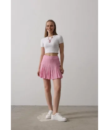 Beli Lastikli Mini Etek - Pembe