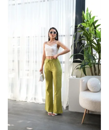 Beli̇ Lasti̇kli̇ Ve Bağcikli Keten Pantolon