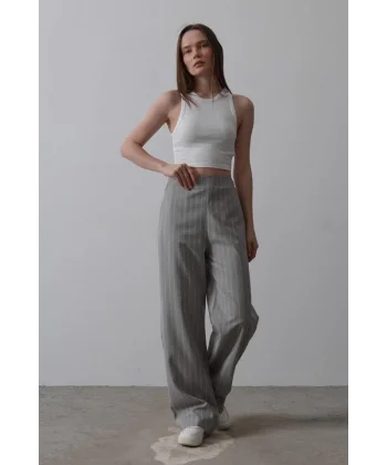 Beli Yarım Lastikli Palazzo Pantolon - Gri-Beyaz