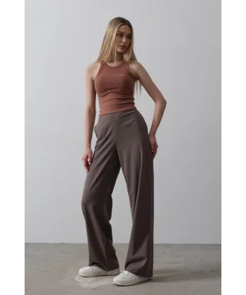 Beli Yarım Lastikli Palazzo Pantolon - Kahve