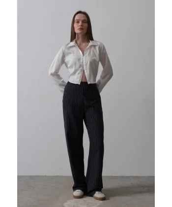 Beli Yarım Lastikli Palazzo Pantolon - Lacivert-Beyaz