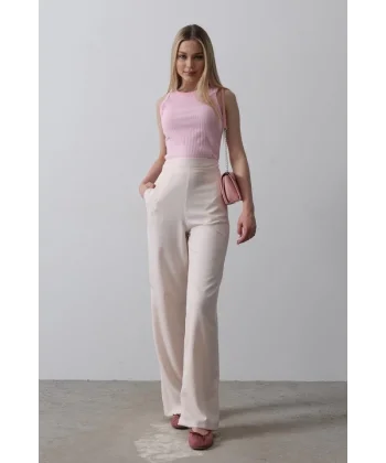 Beli Yarım Lastikli Palazzo Pantolon - Pudra