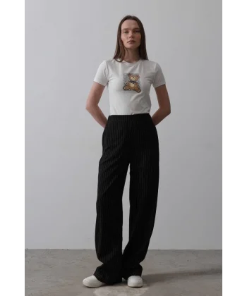 Beli Yarım Lastikli Palazzo Pantolon - Siyah-Beyaz