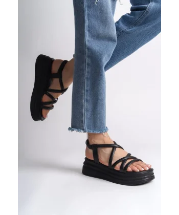 BELLA Lastikli Şerit Detaylı Ortopedik Taban Kadın Sandalet CST - Siyah