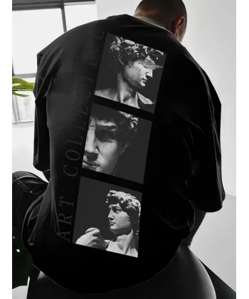 Benzersiz Sırt Baskılı Erkek Sokak Stili Bol Tişört - Nefes Alabilir Polyester, Makinede Yıkanabilir - Siyah