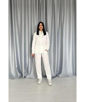 Beyaz 3 Taş otifli Gömlek Ve Pantolon Takım