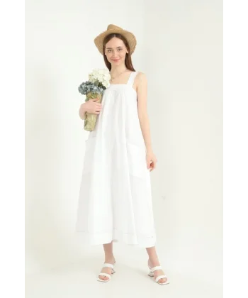 Beyaz Askılı Cepli Elbise