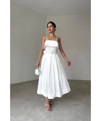 Beyaz Beli Kemerli Pileli Elbise