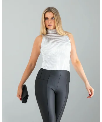 Beyaz Bisiklet Yaka Varaklı Triko