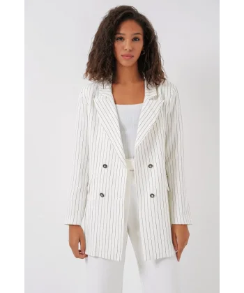 Beyaz Çift Düğmeli Çizgili Blazer Ceket 0699