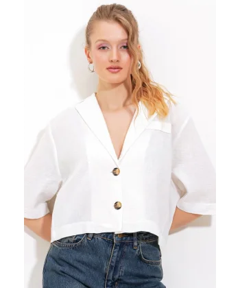 Beyaz Çift Düğmeli Oversize Crop Keten Ceket 0706