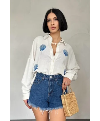 Beyaz Deniz Kabuk Desenli Gömlek