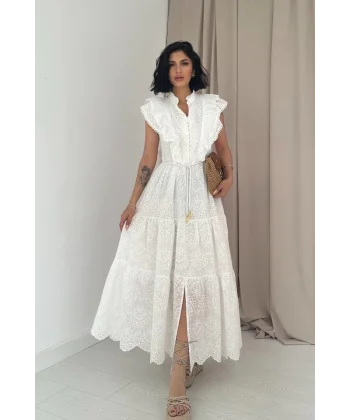 Beyaz Fırfırlı Düğmeli Elbise
