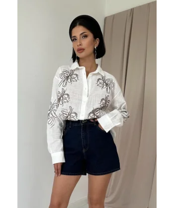 Beyaz Flamlı Keten Nakışlı Pullu Gömlek