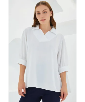Beyaz Gömlek Yaka Saten Bluz 0493