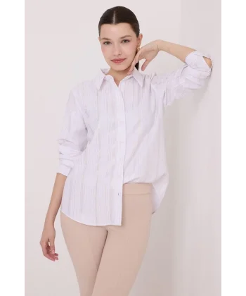 Beyaz Gümüş Varak Desenli Gömlek 20253