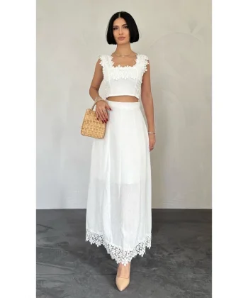 Beyaz Güpürlü Crop Ve Etek Takım