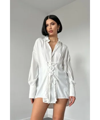 Beyaz Jesica Parçalı Bağcıklı Gömlek