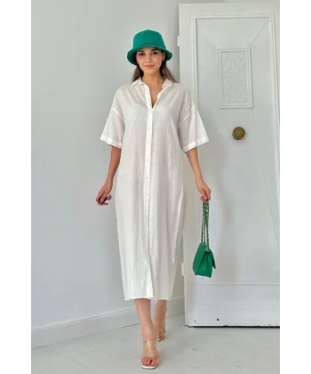 Beyaz Keten Kısa Kollu Elbise
