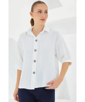 Beyaz Kısa Kol Oversize Keten Gömlek 202