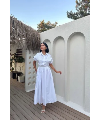 Beyaz Nakışlı İşlemeli Elbise