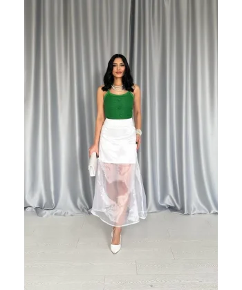 Beyaz Organze Detaylı Atlas Etek