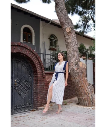 Beyaz Puantiyeli Kuşaklı Elbise