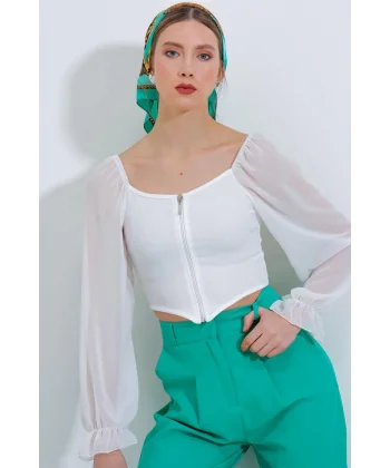 Beyaz Şifon Önü Fermuarlı Bluz 0496